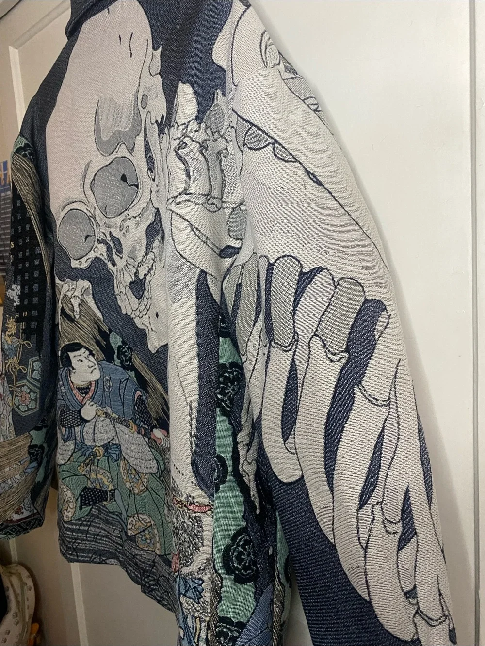 rebels Teal and Gray Skeleton Asian inspired Graphic Zip Jacket